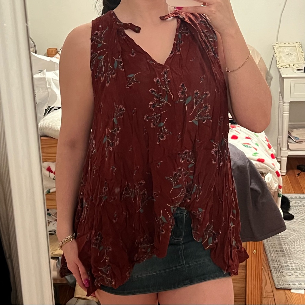 Free People Burgundy Floral Tie-Neck Sleeveless Camisole